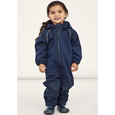 Softshelloverall NAME IT "NMNALFA SOFTSHELL SUIT SOLID FO NOOS", Mädchen, Gr. 98, N-Gr, blau (schwarz sapphire), Softshell, Obermaterial: 94% Polyester, 6% Elasthan, unifarben, Overalls