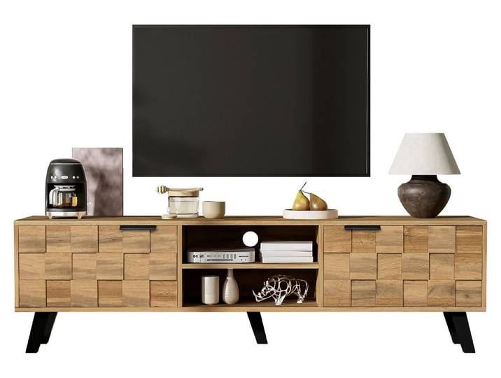 SeedWave Lowboard Stivoller TV Schrank,TV-Lowboard mit 2 Türen und 2 Offenen Fächern, Reicher Stauraum, ein rückseitiges Loch für Kabeldurchführung