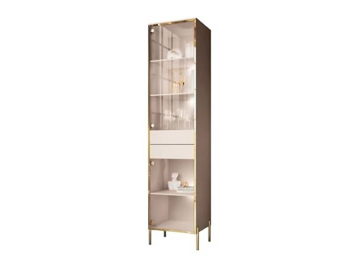 Lookway Vitrine Aurora KASZMIR mit LED – Kaschmir Hochglanz mit Golddekor, Hängend oder Stehend, Glastüren – Modernes Design & Luxus (gerade Gold Chrom Beine)