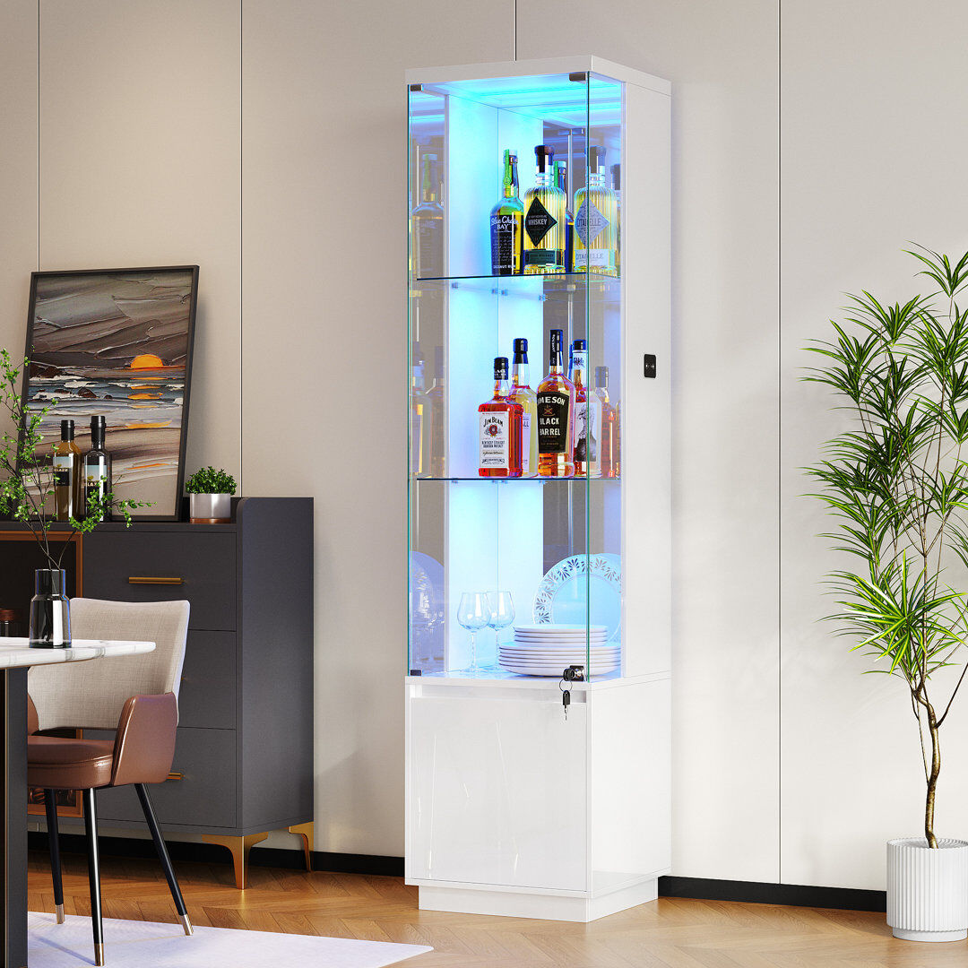 Metro Glass Display Cabinet with 3 Color Led Lights, Wine Cabinet with Lock White 165cm H X 40cm W X 38cm D