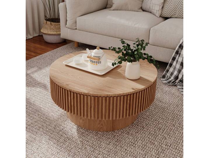 Table Basse Ronde en Bois 75 cm Table de Salon avec Rangement Salon Table d'Appoint Moderne en Placage de Bois Massif Bois Naturel