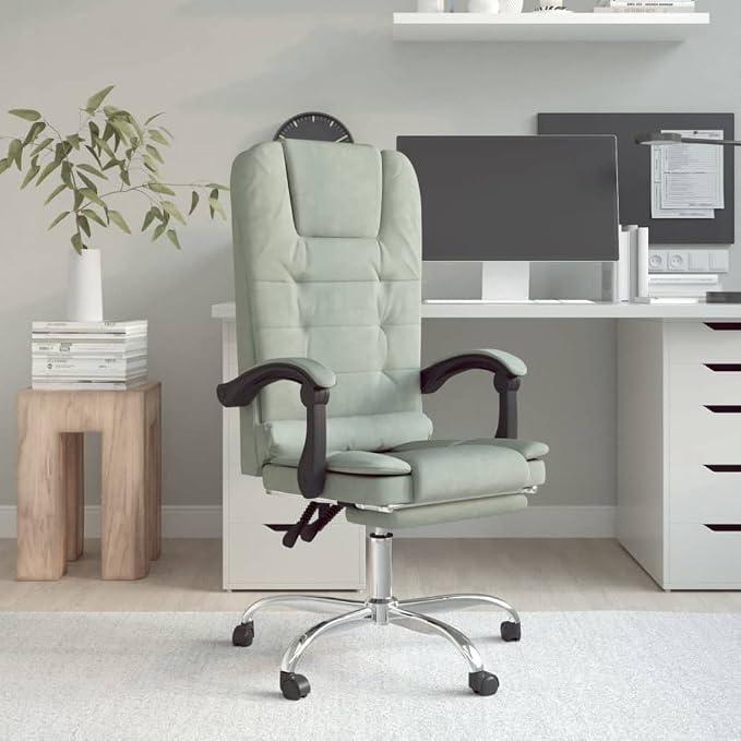 Bürostuhl mit Massagefunktion Hellgrau Samt Drehstuhl ergonomisch höhenverstellbar mit Armlehne und Rollen, Liegefunktion, Rückenlehne verstellbar, Lendenwirbelstütze