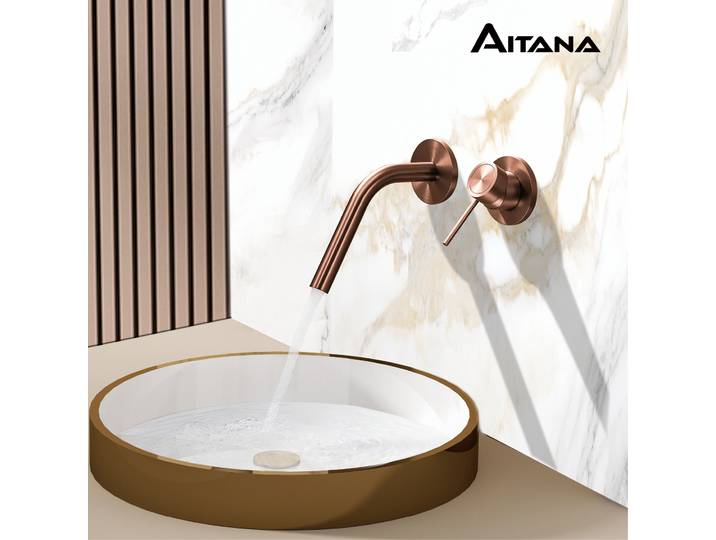 Robinet de lavabo mural AITANA minimaliste en laiton massif brossé doré, à poignée unique, encastré, pour 2 trous, eau chaude/froide