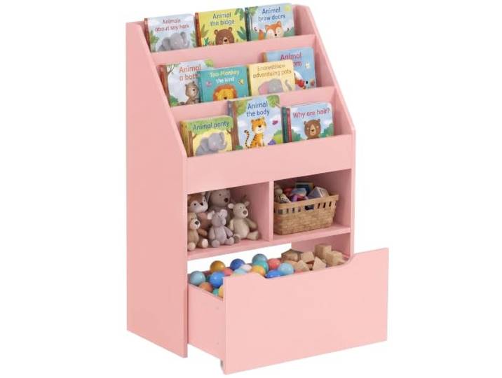 HOMCOM Bibliothèque Multi-Rangement 3 Étagères 2 Niches Bois Rose Bibliotheque Bebe\, Étagère de Rangement\, Grand Tiroir