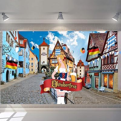 Oktoberfest-Festdekoration, 1,8 x 8 m, extragroß, bayerische Straßenkulisse, Hintergrund, Banner, Fotoautomat mit Seil, deutsches Bierparty-Spielzubehör