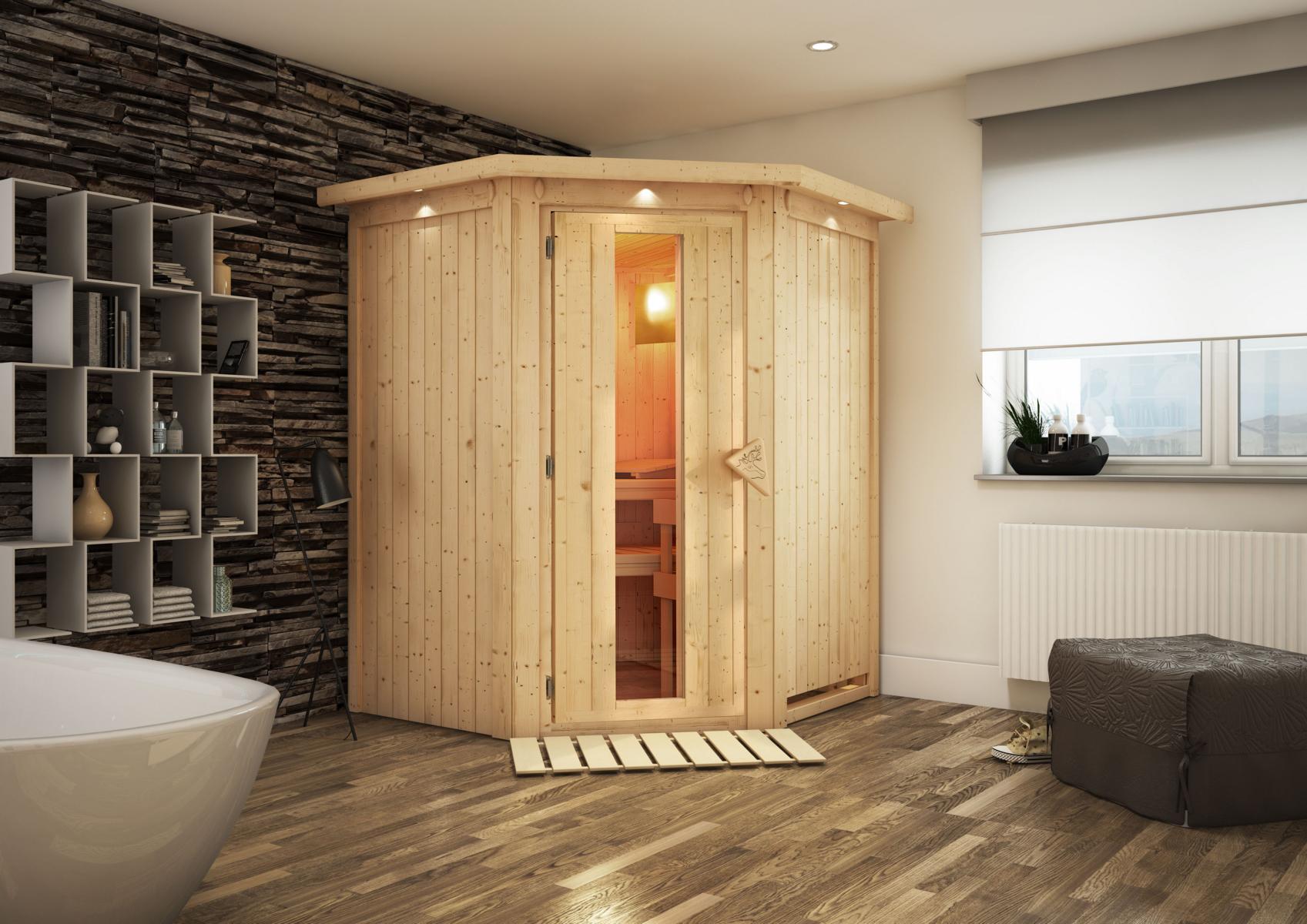 KARIBUHOLZT Sauna Nanja Eck o. Zub. m.Isoliertür u.Dachkranz 16879950