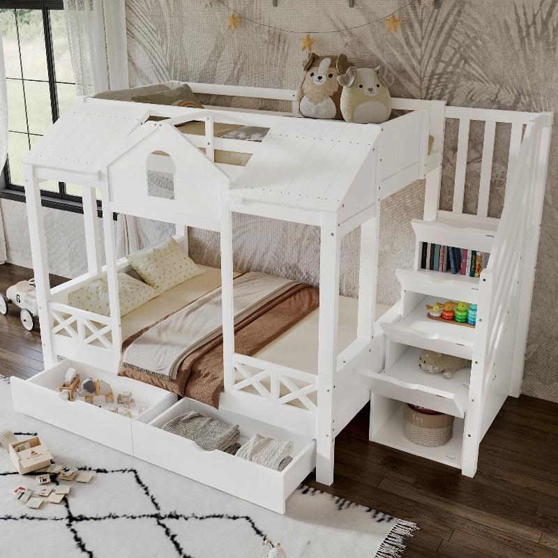 Etagenbett Kinder 90x200 140x200 Weiß aus Kiefer, MDF, Sperrholz mit 2 Schubladen, Treppenschrank und Dach fürs Kinderzimmer