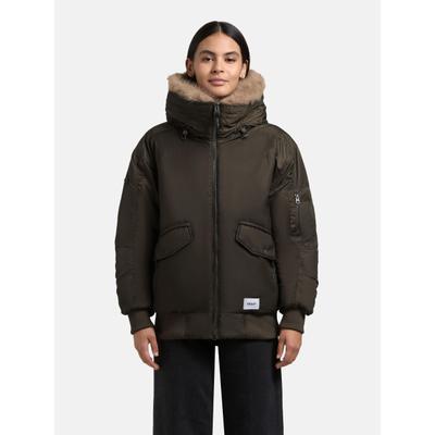 Bomberjacke KHUJO "Cela", Damen, Gr. S (36), braun (dunkelgrün), Obermaterial: 100% Nylon. Innenfutter: 100% Polyester. Kunstfell: 100% Polyester. Wattierung: 100% Polyester, oversize hüftbedeckend, hoch geschlossener Ausschnitt, Rippstrickbündchen,...