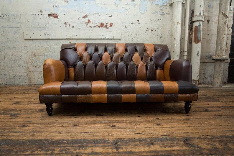 Chesterfield Ledersofa 3-Zits met Gestoffeerde Details