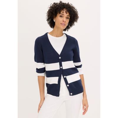 Strickjacke BONPRIX, Damen, Gr. 44/46 (L), blau (dunkelblau, weiß gestreift), Obermaterial: 100% Baumwolle, slim fit, Strickjacken Strickjacke, Slim fit Passform, mit Streifenmuster, eleganter Stil