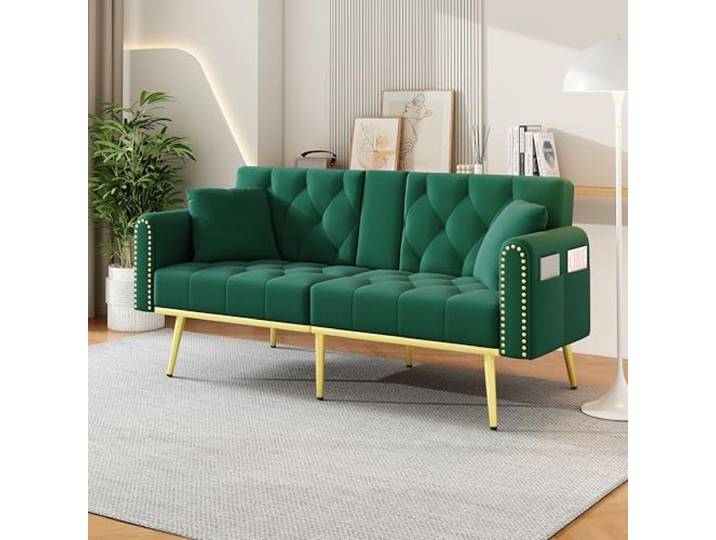 Merax Grün Schlafsofa 2-Sitzer mit Liegefunktion & Getränkehalter｜Platzsparendes Sofa für Wohnzimmer & Gästezimmer