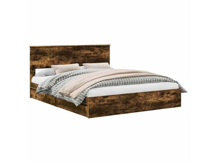 PUGYNBK Lagerbett Eiche rauchfarben 160 x 200 cm Robustes Holz, Schubladen mit Griffen, Lattenrost, einfache Montage