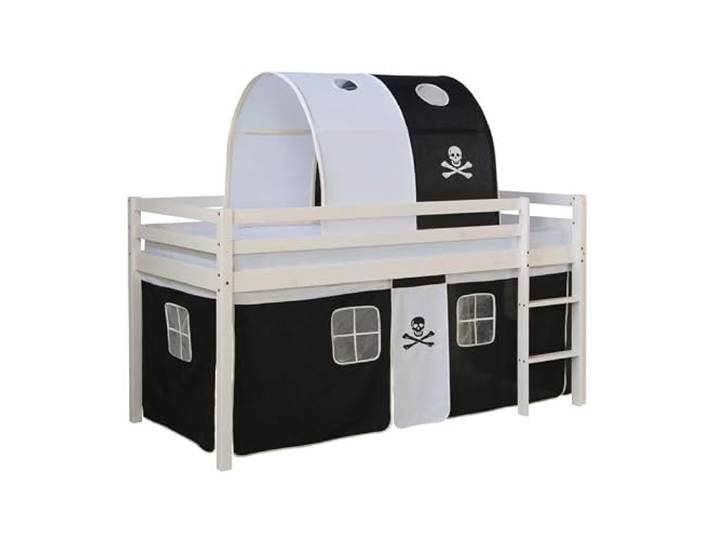 Homestyle4u Hochbett Kinder 90x200 Jungen Pirat Weiß Schwarz Kinderbett Hochbett mit Piraten-Vorhang, Tunnel, Leiter und Lattenrost - Stabiles Kinderzimmerbett mit Absturzsicherung aus Massivholz