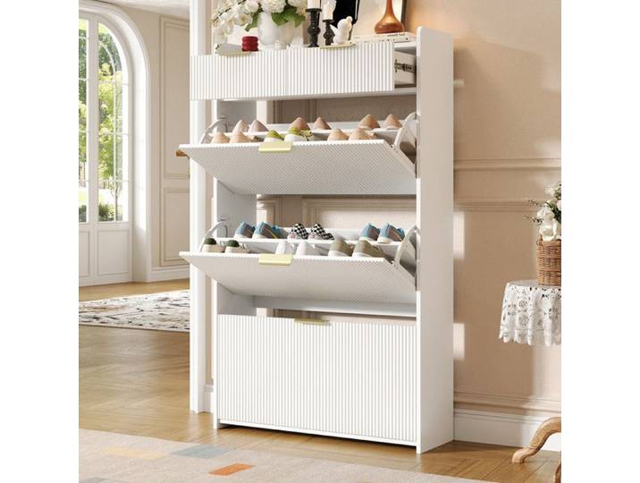 NuvlaGu - Meuble à chaussures Meuble d'entrée avec 3 étagères rabattables et 2 tiroirs capacité de 18 paires de chaussures - Blanc