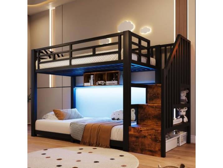 VILUXE Etagenbett mit Ausziehbett Metall (Schwarz, 90cm*200cm) Metall-Etagenbett mit Treppe, 3 Staufächern und App-LED, Kinderzimmer, Geschwister und Familien
