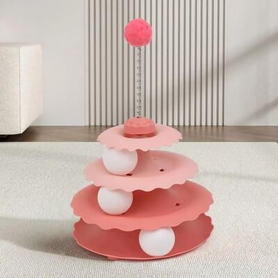 Inspired Living SpinPounce Interactive Cat Turntable Toy With Teaser Wand pink