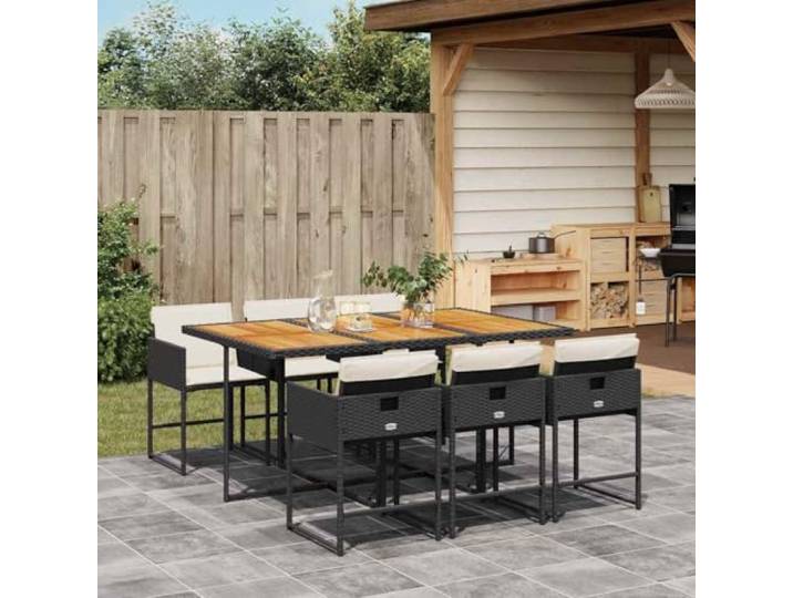 HEFZGDB 7-TLG. Garten-Essgruppe mit Kissen Schwarz Poly Rattan, Klappstühle mit waschbaren Bezügen und Akazienholz-Tischplatte für Terrasse, Langlebige Outdoor-Möbel