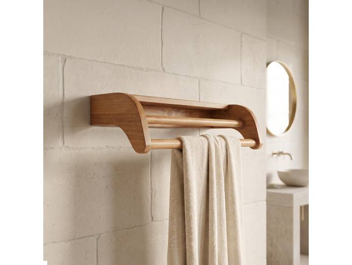 Porte serviette de salle de bain mural en bois massif de teck - Anika
