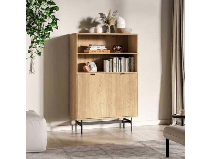 Lomadox Wohnzimmer Highboard 92 cm breit in Eiche mit 2 Türen, 2 offenen Fächern & Softclose-Funktion
