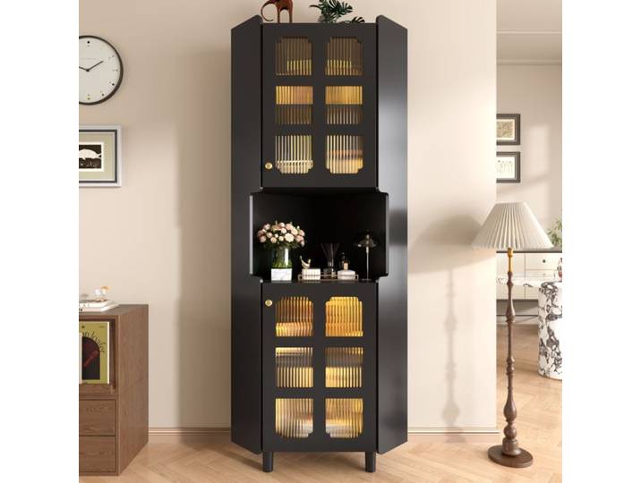 Vitrine d'angle laquée noire avec LED IVMEU MDF porte vitrée meuble de rangement