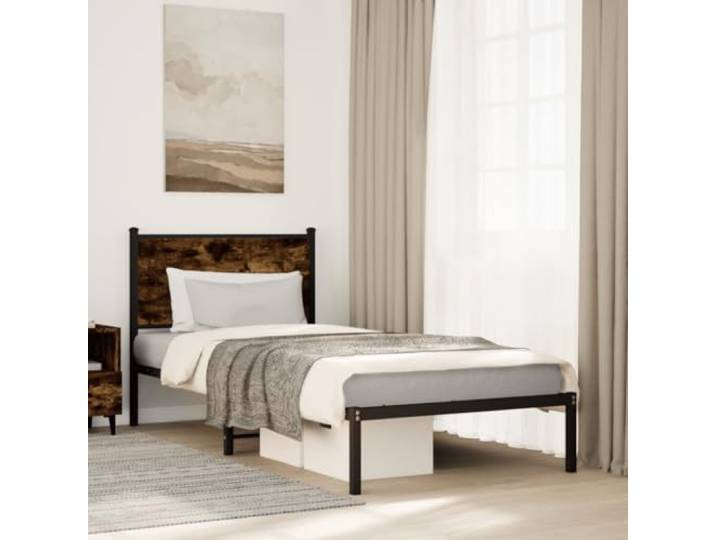 WDGJJFECNMUEHI Stahlgestell Stabil Schlafzimmer Klassisch 90x190 Braun Metallbett ohne Matratze Räuchereiche 90x190 cm stabiles Bettgestell mit Kopfteil und Stauraum für Schlafzimmer Gästezimmer