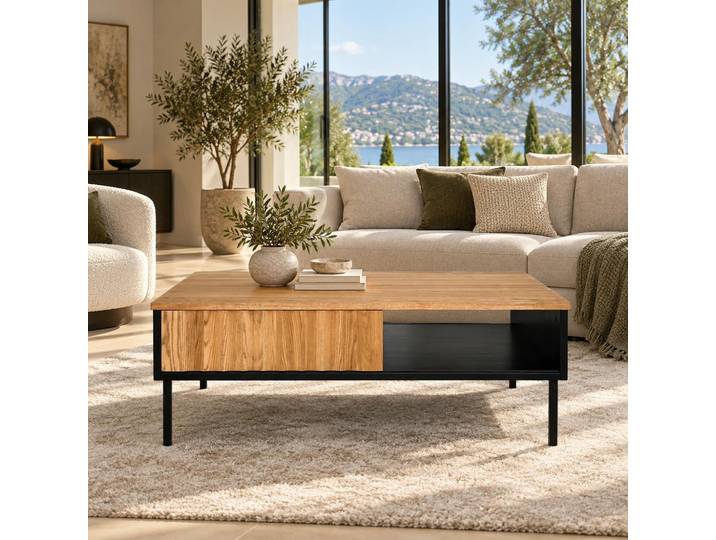 Table basse en bois bicolore avec façade ondulée TARAN