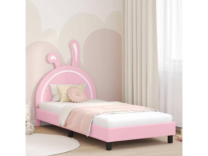 Modernes Bettgestell mit Holzwerkstoff Metall Konstruktion Stauraum Kinderbettgestell mit Kopfteil Rosa 90x190 cm PU Kinderbettrahmen mit Staufach stabil und langlebig ohne Boxspring für