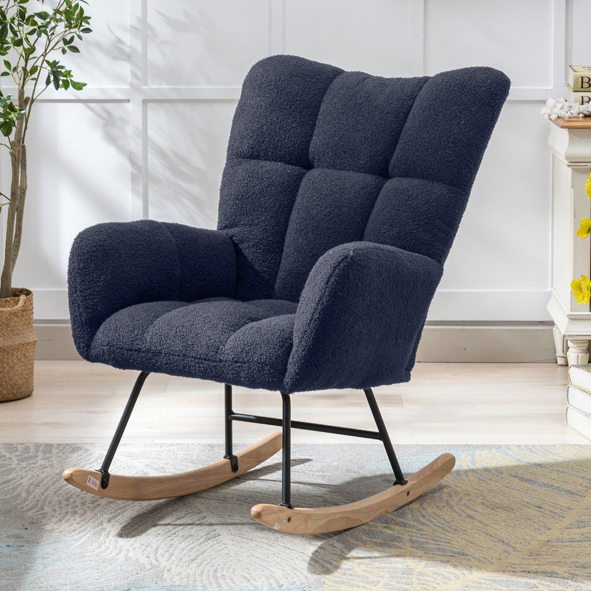 Vankel Teddy Schommelstoel - Blauwe Relaxstoel met Hoge Rugleuning en Armleuningen