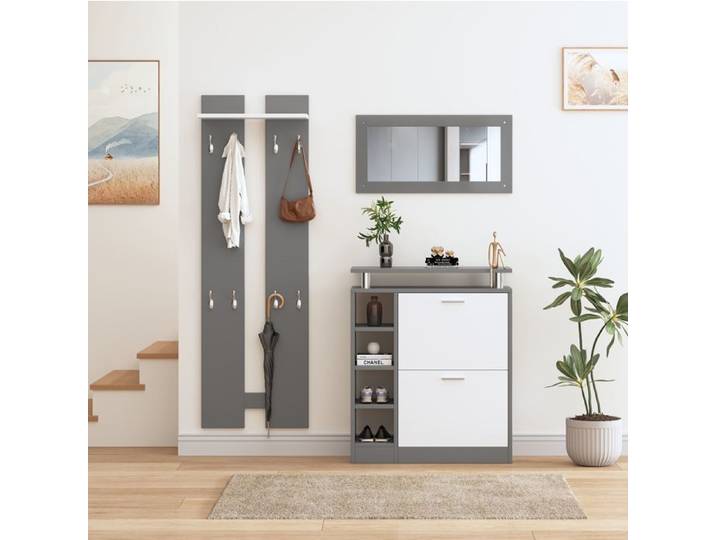 Ensemble Vestiaire D Entrée Avec Meuble À Chaussures Miroir Mural 2 Panneaux 8 Crochets Étagère Gris Blanc 80 X 25 X 96 5 Cm