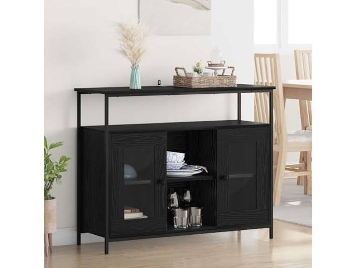 Jkghdrt Sideboard in Schwarz Eichen-Optik 100x35x80 cm Holzwerkstoff Scharnier-Türen, Innenregale, stabile Beine, moderne Optik, Küche Esszimmer
