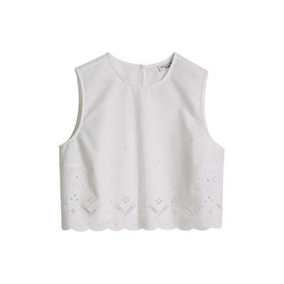 Blusentop MARC O'POLO DENIM "mit Broderie Anglaise", Damen, Gr. XL, silky weiß, Obermaterial: 100% Baumwolle, unifarben, regular fit bauchfrei, Blusen Blusentop