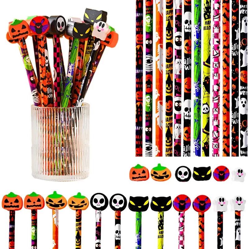 INF Ensemble de crayons à gomme Halloween - 12 pièces de papeterie créative pour étudiants