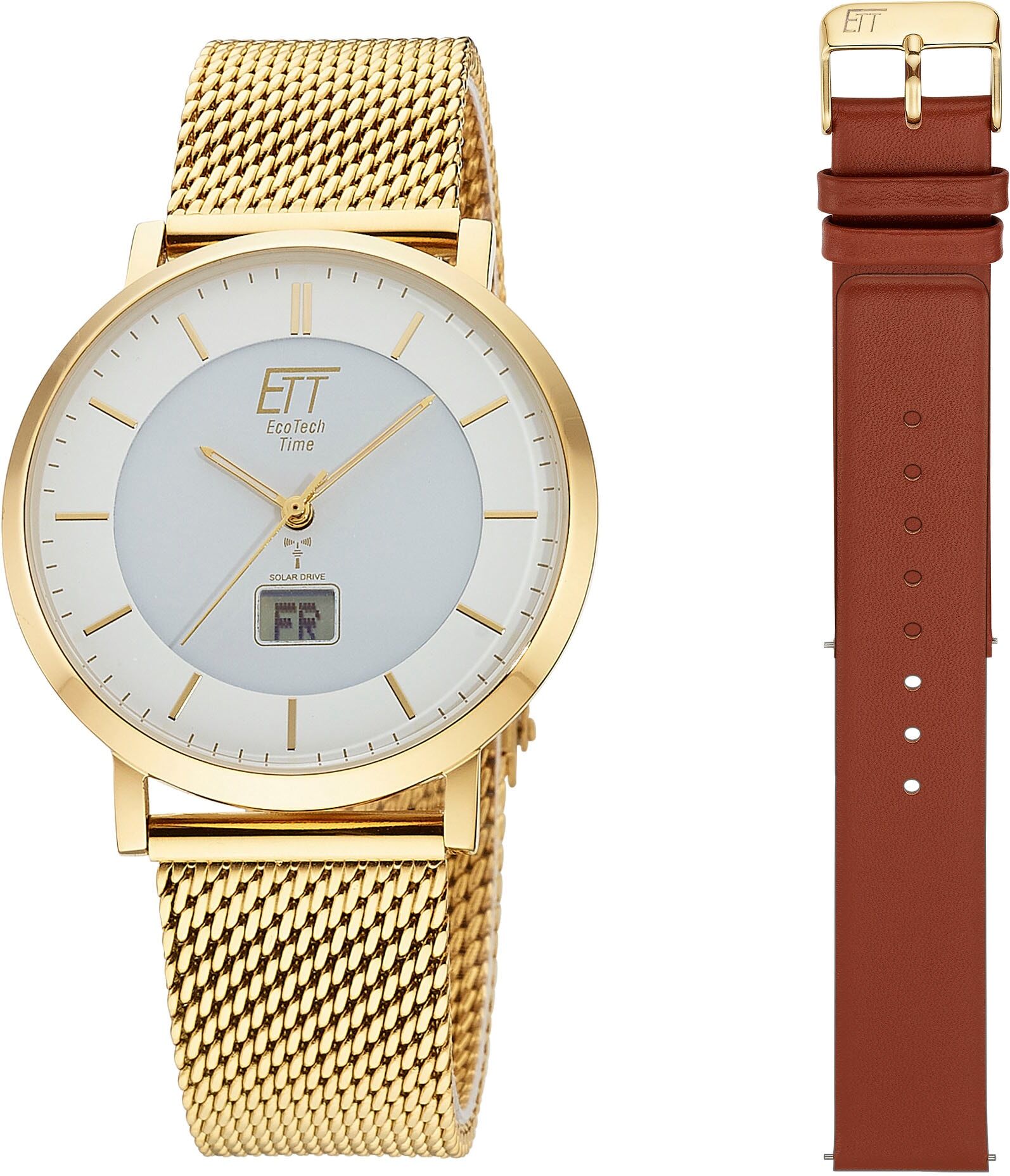 Funkuhr ETT "Atacama", gold (goldfarben, cognacfarben, weiß, grau), Armbanduhren, Herren, goldfarben, Funkuhr, Armbanduhr, Herrenuhr, Datum, Solar, ideal auch als Geschenk
