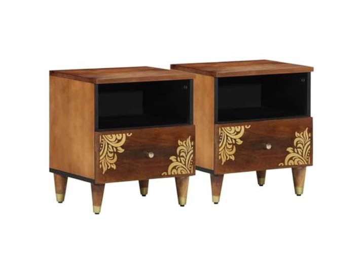 KDVXBCQJH Nachttisch 2er Set Honigbraun 40x33x46 cm Massivholz Mango Handbemalte Front mit edlen Messingknöpfen bietet stilvolle Organisation und Ablagefläche für Ihr modernes Schlafzimmer.