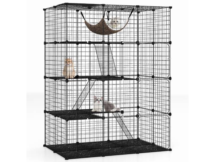 143 cm Kubusvormige Kattenkooi met 4 Verdiepingen Huisdierenverblijf met Hangmat Afneembare Metalen Draadkooi voor Katten Zwart