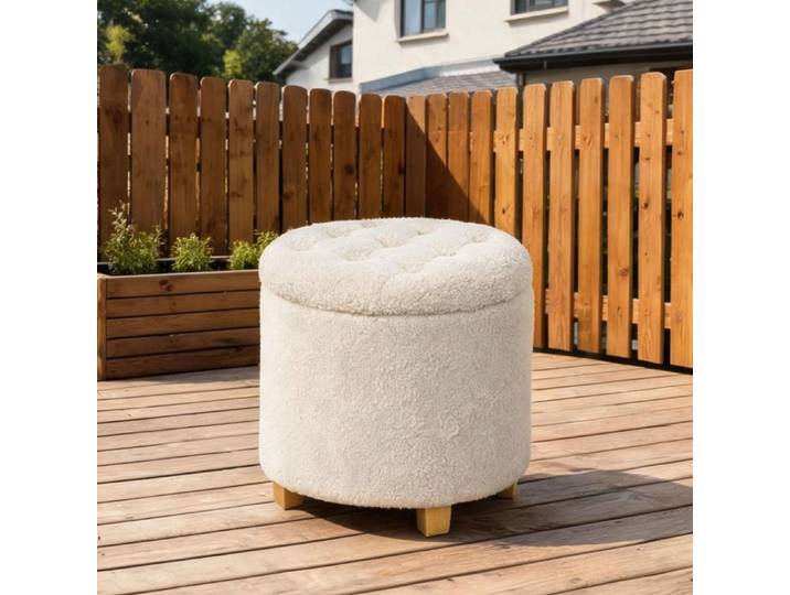 Pouf de rangement rond Ø45 cm cachette blanc crème polyester pieds pin massif