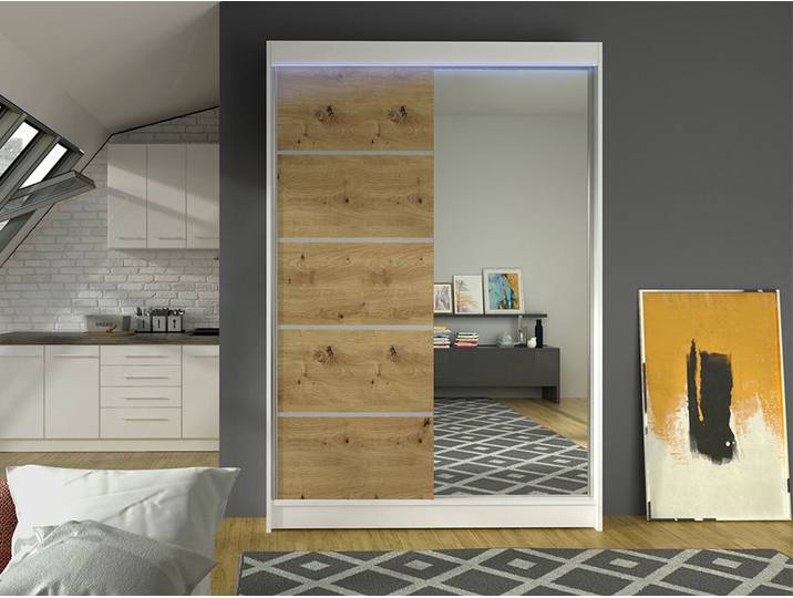 MIRJAN24 Schiebetürenschrank Lino III, mit Spiegel, Kleiderschrank vom Hersteller (Weiß / Artisan Eiche, mit RGB LED Beleuchtung)