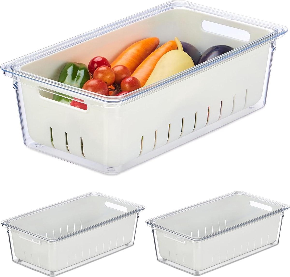 Set van 3 stapelbare koelkastorganizers voor groenten en fruit, transparant/wit