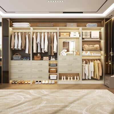 Rackcog Cimly Set of 4 Closet Organizer with Drawers and Mirror, Freestanding Closet System with Hanging Rods