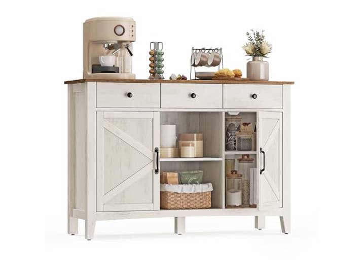VASAGLE Küchenschrank mit 2 Türen, Sideboard Mit 3 Schubladen und 2 Türen, verstellbare Ablagen, Landhausstil, Vintageweiß-Honigbraun, LIRY Kollektion BBK371W02
