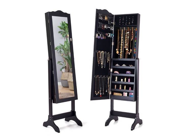 GOPLUS Armoire à Bijoux avec Miroir Pleine Longueur Réglable Armoire à Bijoux sur Pieds Organiseur de Bijoux Verrouillable Noir
