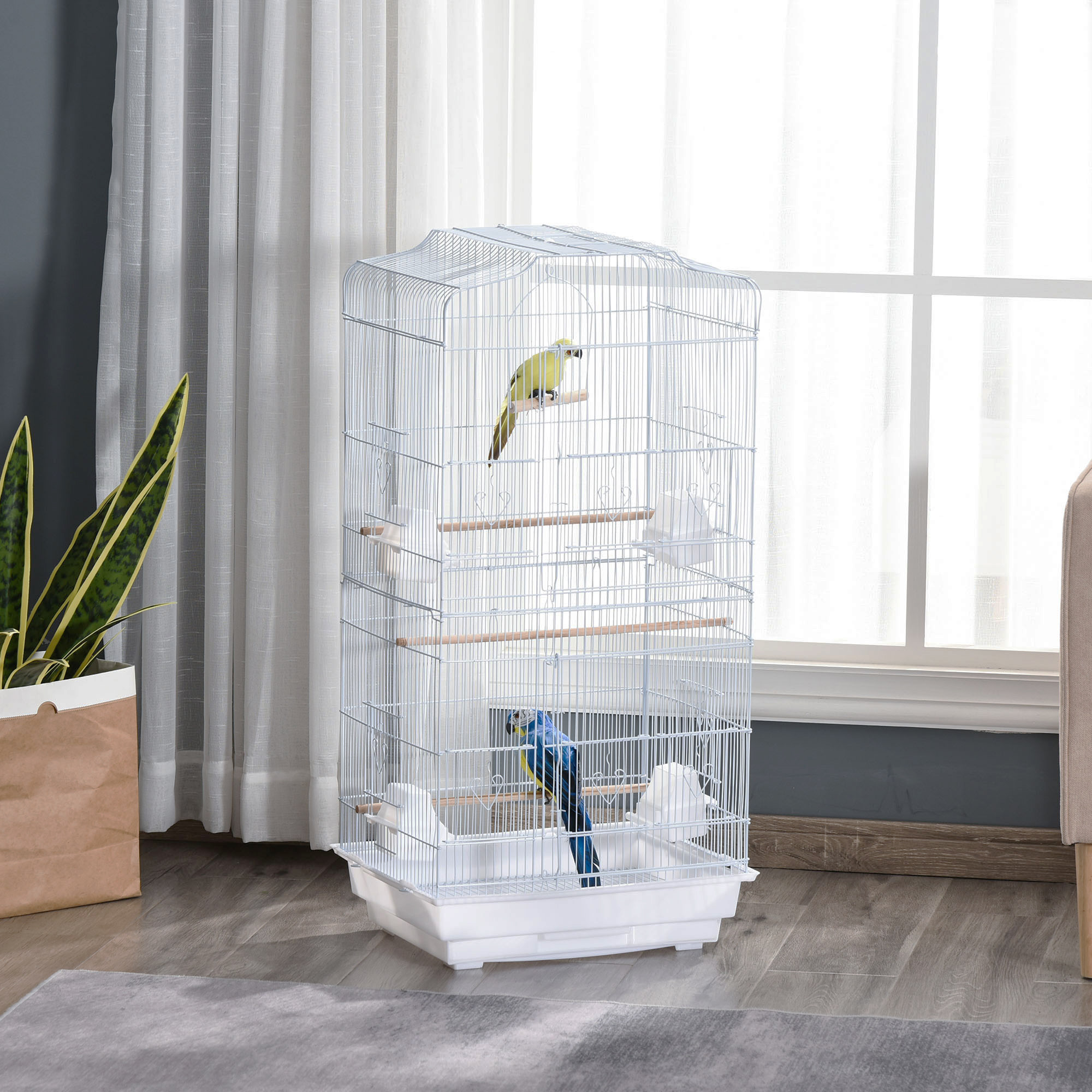 Pawhut Voliera  per Uccelli Gabbie per pappagalli in Metallo e Plastica con Trespoli, Altalena e Ciotole,46.5x35.5x92cm, Bianco Aosom