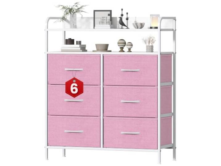 Noblik Kommode mit 6 Stoffschubladen und 2 Arbeitsflächen Robust Metallrahmen und MDF-Holzplatte verstellbare Füße,Kippsicherung,Aufbewahrungsschrank für Schlafzimmer, Wohnzimmer und Flur 83x30x97cm