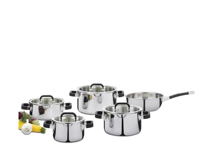 Spring FUSION2+ Topfset 5-tlg., 5-Lagen Edelstahl, induktionsgeeignet Kochtöpfe, Bratentopf, Sauteuse, spülmaschinenfest, backofengeeignet, Glasdeckel, hitzebeständige Griffe