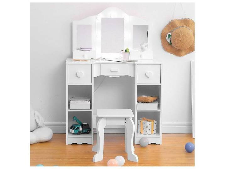 Coiffeuse - PROMIRACAL - Triple Miroir - 3 Tiroirs - 4 Étagères - Avec Tabouret - Blanc - 99x59x29cm