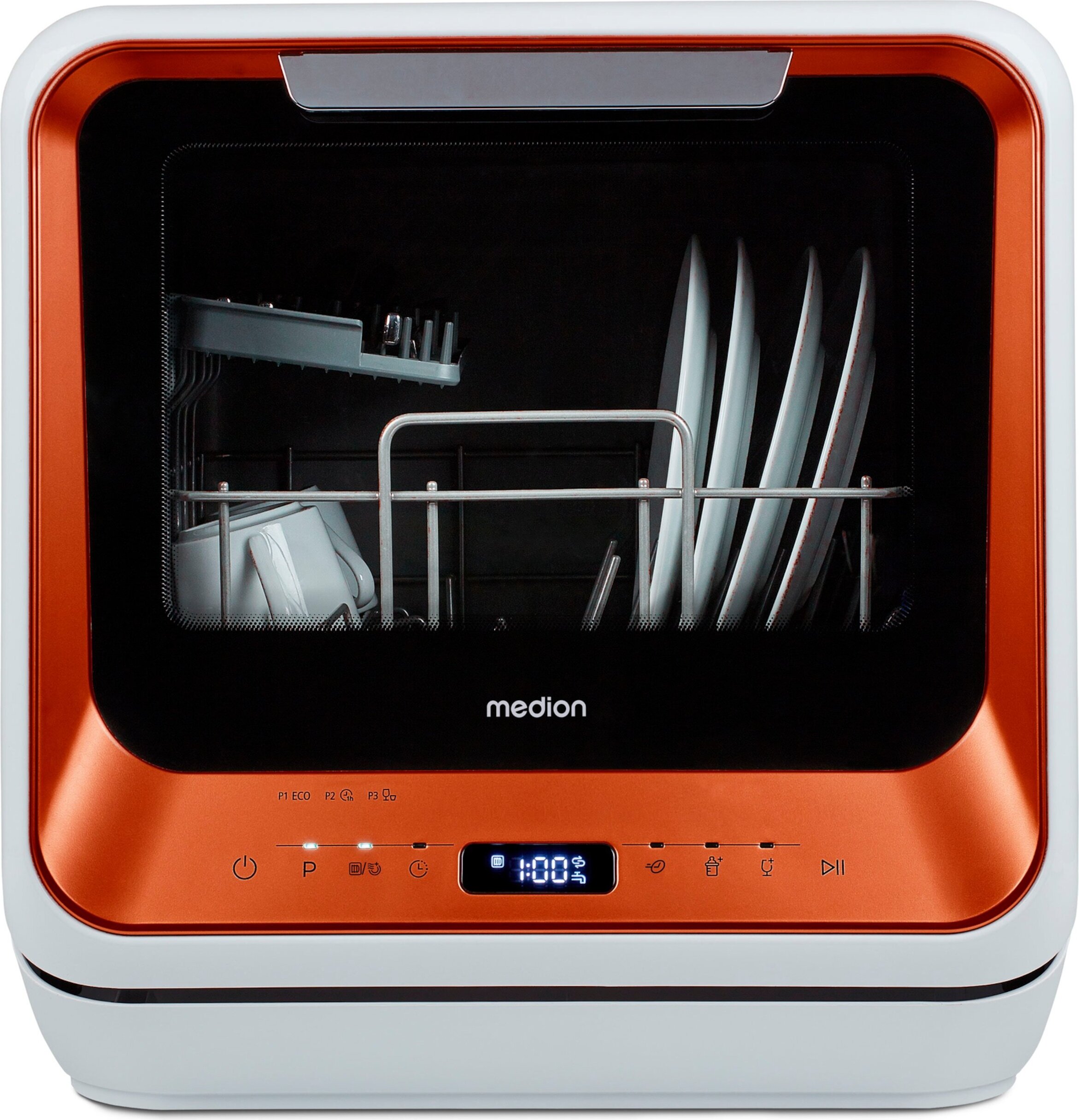MEDION Mini Geschirrspüler DWT20 (Tischgeschirrspüler, Spülmaschine, 2 Maßgedecke, funktioniert mit/ohne Wasseranschluss, 6 Reinigungsprogramme, Babyflaschen, Startzeitvorwahl, freistehend) bronze