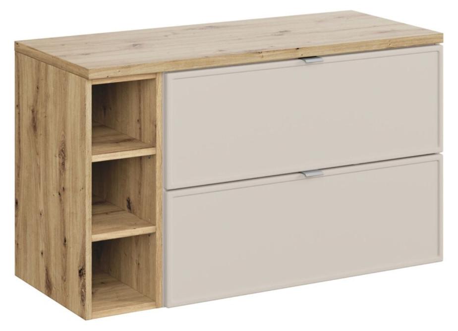 Badezimmer-Set BRAZZA: Waschtischunterschrank Kaschmir 100cm mit sichtbaren Fächern + Arbeitsplatte für Waschbecken in Holzoptik
