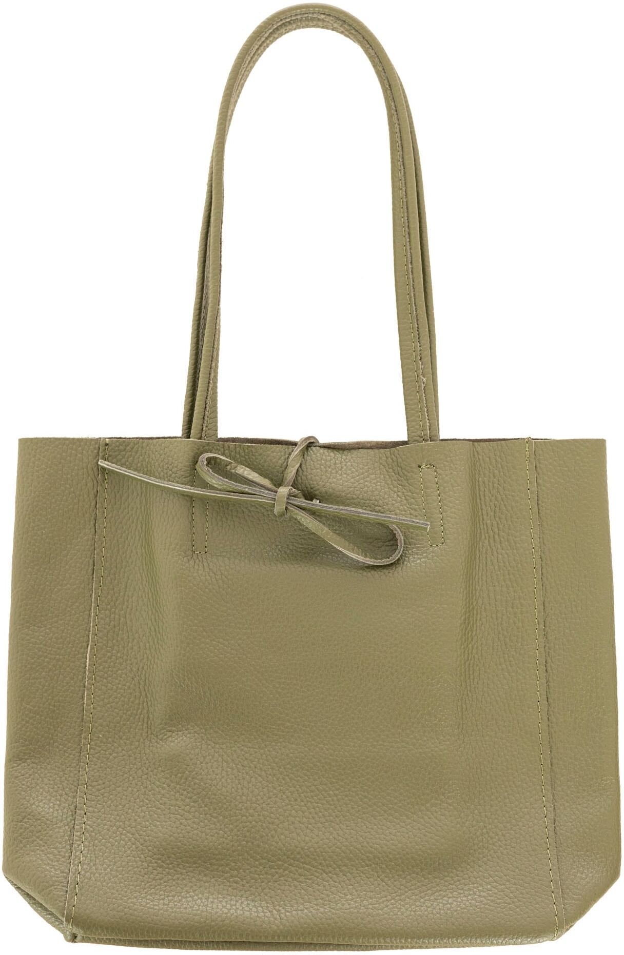 Tragetasche ZWILLINGSHERZ "Ledershopper "Small", Damen, Gr. B/H/T: 21cm x 13cm, grün (khaki), Leder, unifarben, Taschen Tragetasche, mit Schulterhenkel und Bindeband khaki B/H/T: 21cm x 13cm