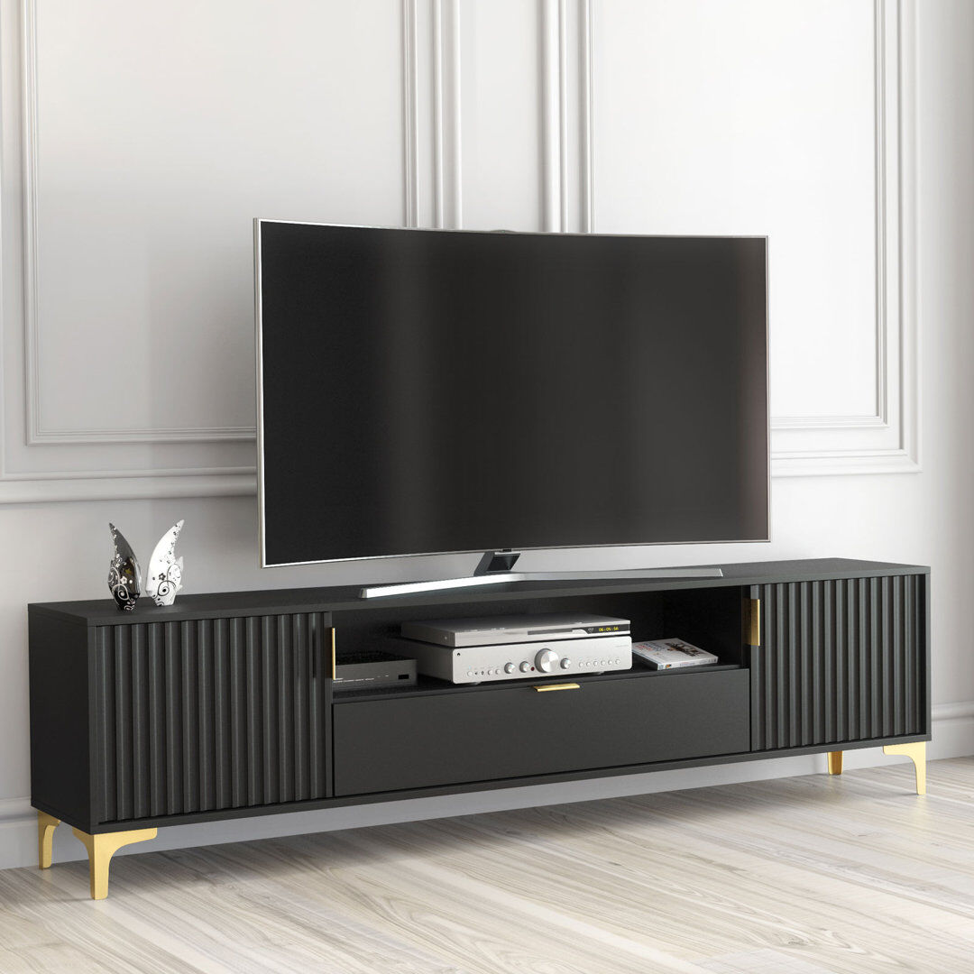 Fairmont Park Cashmire 200 CM TV Unit   Gold Accents   Fluted Fronts   Modern Retro Media Cabinet Black 78"