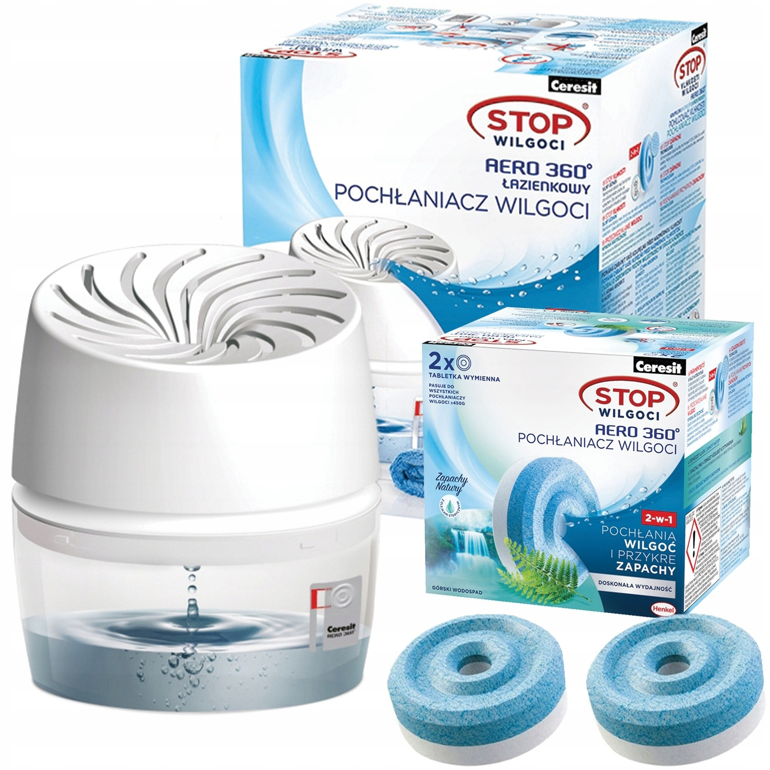 Ceresit Luchtontvochtiger Aero 360 Set met 2 x 450g tabletten, geur: Bergwasserfall